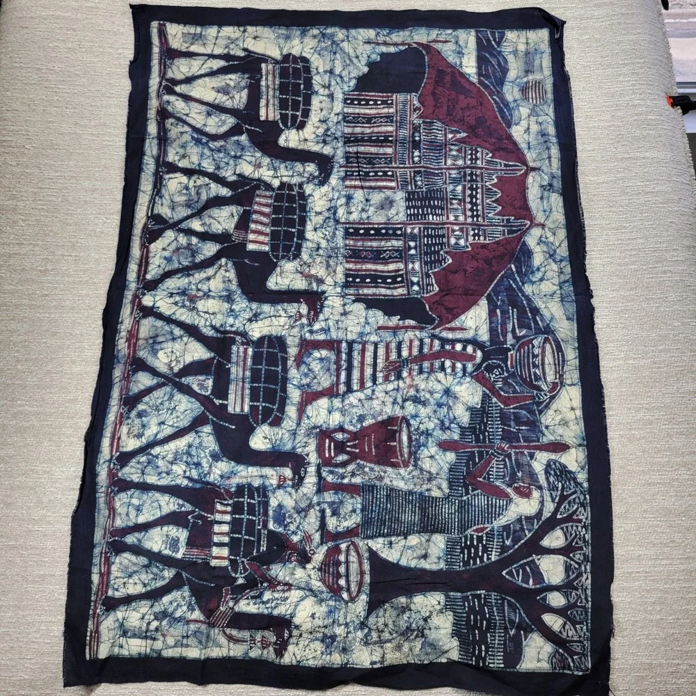 African Batik Dye Art Wall Hanging Camel Caravan Village Scene Tapestry Signed